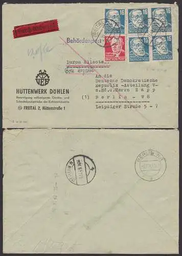 Freital nach Berlin Eil-Bf Behördenpost vom Hüttenwerk Döhlen, rs. Rohrpost-Zeitstempel 06 XI 49