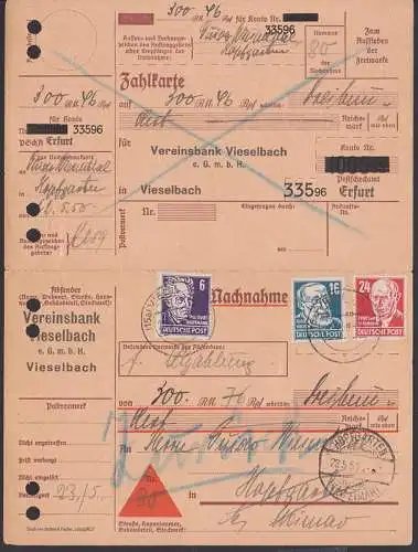 Vieselbach Nachnahme-Karte mit 6, 16 und 24 Pfg. Köpfe I nach Hopfgarten und zurück