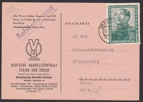 Mao Zedong Karte mit 12 Pfg. mit Z1 -Behördenpost- (286) aus Potsdam 20.7.51