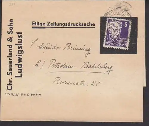 Streifbandsendung Eilige Zeitungsdrucksache aus Ludwigslust mit 6 Pfg. G. Hauptmann