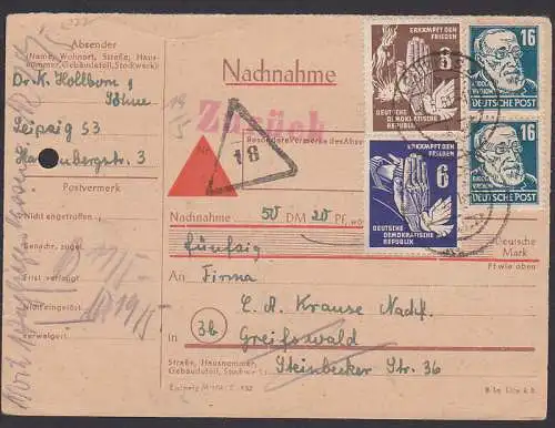 Nachnahme aus Leipzig nach Greifswald mit zurück, dabei 8 und 6 Pfg. Erkämpft den Frieden, (277)