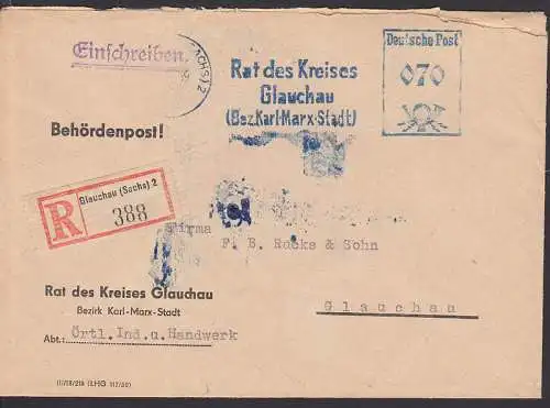 Glauchau (Sachs) AFS in blau Rat des Kreises R-Brief, Ortsbrief  zweite Gewichtsstufe, Behördenpost