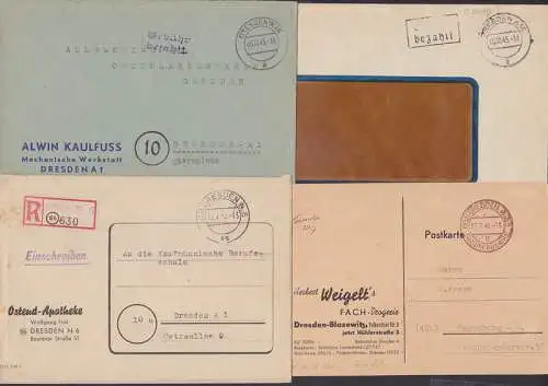 Landesforstamt, Sächsische Landesbank, 4  Belege mit Barfrankatur Dresden aus 1945