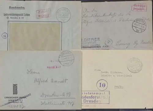 Ostend-Apotheke R-Bf, Fach-Drogerie - 4 Barfrankaturen aus Dresden 1945, 1948