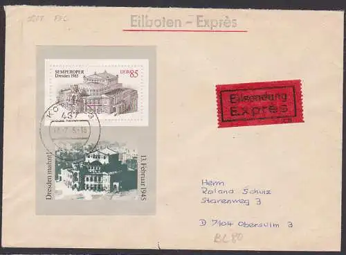 Semperoper Dresden 1985 Bl. 80 auf Eil-Brief  vom Ersttag, portogenau, rs. Eing.-Stempel