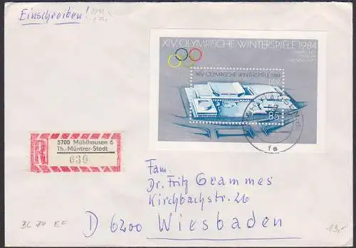 Olympische Winterpiele 1984 Bl. 74 portogenau aus Mühlhausen Th.-Müntzer-Stadt nach Wiesbaden