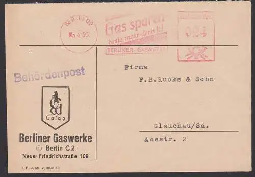 Berlin AFS Gas sparen heute mehr denn je! Behördenpost, Berliner Gaswerke  5.4.50