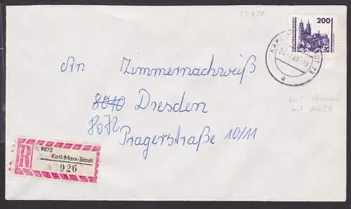 Karl-Marx-Stadt, nachverwendeter R-Zettel und Stempel nach Umbenennung in Chemnitz am 1.6.90