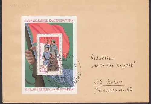Kampfgruppen der  Arbeiterklasse der DDR Bl. 39, SSt. Berlin Ersttag auf neutralem Umschlag