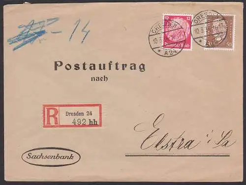 Perfin "8B" Dresden Sachsenbank R-Bf Postauftrag nach Elstra 10.3.34