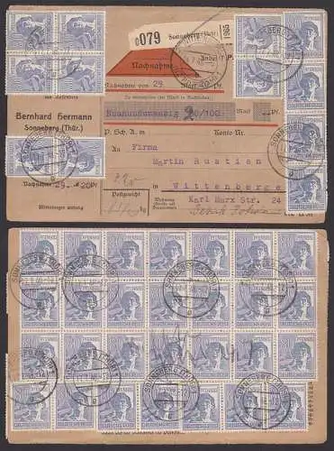 Sonneberg 17.7.48 Paket-Nachnahme n. Wittenberge mit 10-Fach-Frankatur (957 ZF), rare MeF mit 40 Mkn