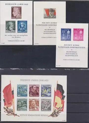 Friedrich-Engels-Jahr 1955 Block *, Schiller Thälmann nat. Gedenkstätten je ohne Gummi,