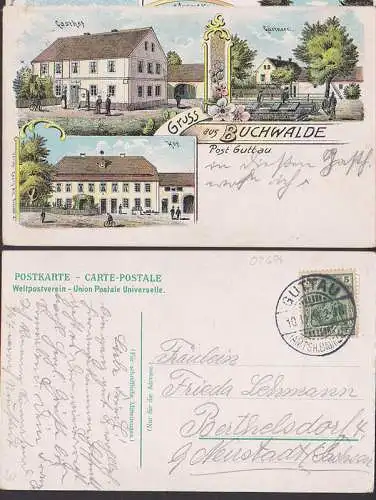 Buchwalde Post Guttau Litho mit Gasthof, Gärtnerei und Hof