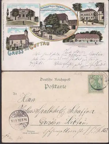 Guttau Gruss aus,  Litho mit Schloss, Herrnhaus, Restaurant Augut Krautschick 1904