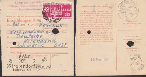 Stralendorf über Schwerin (Meckl) Einzahlungsauftrag von Lübstorf, Pampow Zülow, Leipziger FM 1959