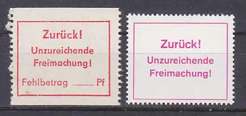 postintern zwei Klebezettel postfrisch "Zurück! Unzureichende Freimachung!" DDR um 1970