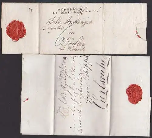 Faltbrief 1805 Vorphilatelie aus Nürnberg, zwei versch. St. nach Dörfles bei Pretwitz,  bzw. Carlsruhe
