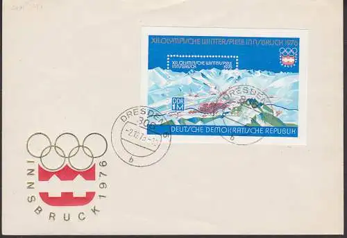 Olympische Winterspiele Innsbruck 1976, Ersttagstempel Dresden 2.12.75 Block 43