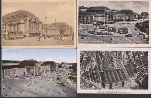 Leipzig-Hauptbahnhof, 4 Ak dabei Fliegeraufnahme, eine Karte von 1946 mit russischer (kyrillisch) Beschreibung