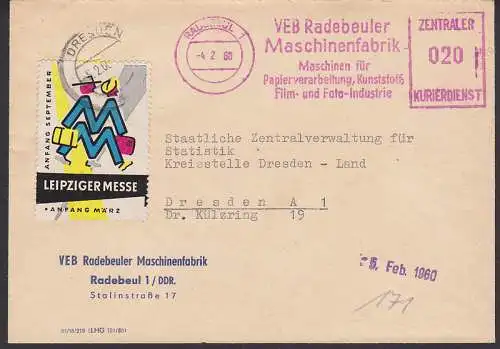 Radebeul ZKD-AFS Maschinenfabrik 4.2.60 mit abgestempelter Vignette Leipziger Messe Messemänchen