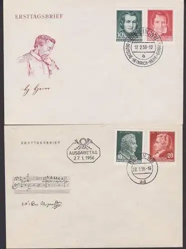 Wolfgang Amadeus Mozart, Heinrich Heine je auf FDC (510/11, 516/17)