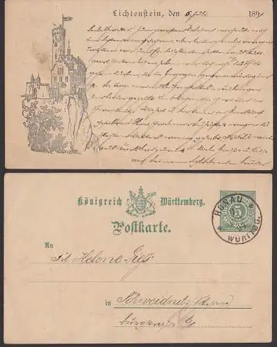 Lichtenstein GA mit priv. Zudruck 1891 OSt. Honau Württemberg, GA unten 15 mm eingerissen