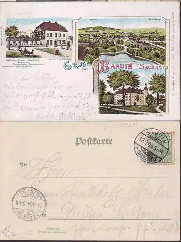 Gruss aus Baruth i. Sachsen, Litho 12.9.1904, Gasthof zur Sonne, Schloss, Schafberg, u. kaum sichtbar 5 mm Riss