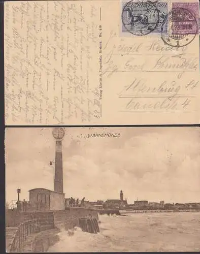 Warnemünde Ak mit Mole, Ostsee von 1923 120 M Porto, Bauer mit Pflug und Pferd,