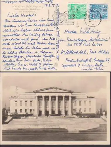 Volksstimme Sozialistische Presse MWSt. auf Karte Siegmar Kulturhaus, 5/10 Pfg. senkr. ZDr. 1955