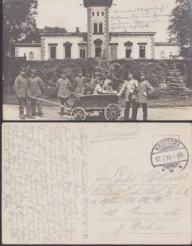 Kreischa Feldpostkarte 17.7.16 Foto Soldaten mit Handwagen vor Schloss Kreischa, selbst fotografiert!