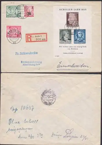Schiller - Jahr 1955 Bl. 12 portgenau frankiert mit Zusatzfrank. Rs. Vermerk -ohne Inhalt eingegangen