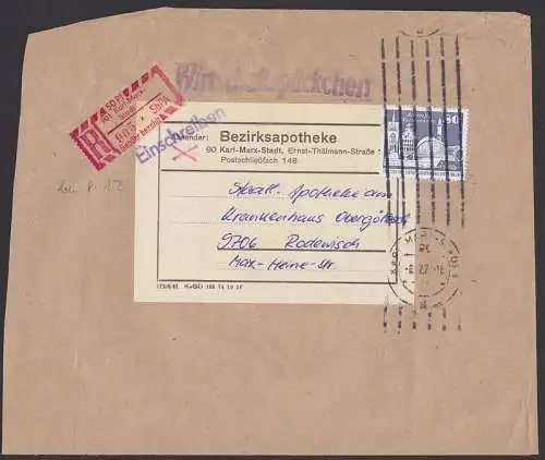 Wirtschaftspäckchen, 80 Pfg Rostock Warnemünde mit Teepott, SbPA Karl-Marx-Stadt (1920), Bf-Adresse