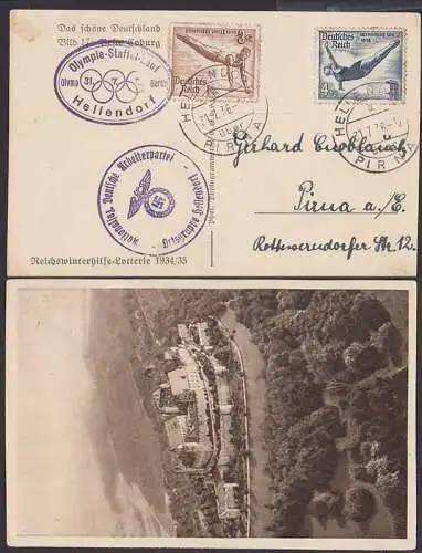 Hellendorf über Pirna Olympia-Staffel-Lauf 31.7.36 auf Karte Feste Coburg, Siegelst. NSDAP Ortsgruppe