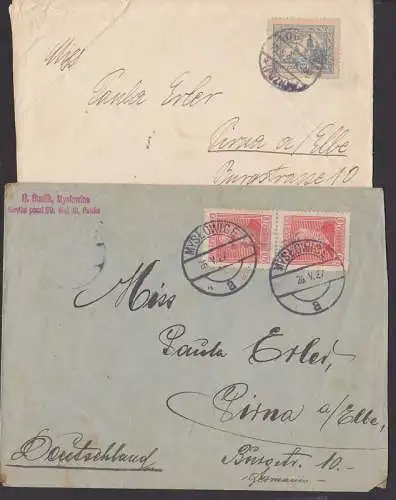 Polen 1927 zwei Briefe Pirna Deutschland, Myslowice, Ostrov
