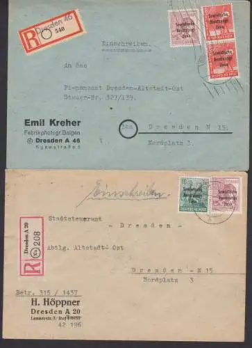 SBZ-Aufdruck zwei R-Bfn aus Dresden je als Orts-Bf