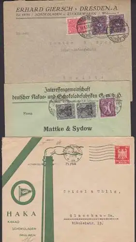 Kakao, Schokolade, Zuckerwaren 3 Dresdner Firmenbriefe zw. 1922 und 1926, Illustrierter Umschlag mit Schonstein