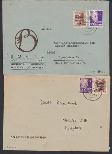 Berliner Bär 10 Pfg. mit SBZ-Aufdruck mit 6 Pfg. Gerhart Hauptmann, je Ortsbrief