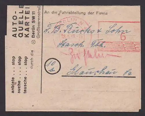 Auto-Quellen-Datei Berlin SW 11, Streifband 18.5.48 mit PSF Berlin N4 nach Glauchau, Westberliner Abs