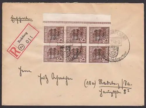 Radeberg R-Bf 14.2.49, SSt weltbekanntes Exportbier, 15 Pfg. mit SBZ-Aufdruck (187), 6er-Einheit mit Rand
