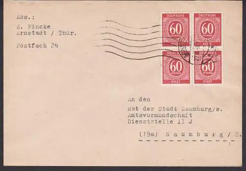 Arnstadt 27.6.48 60 Pf. Ziffern in MeF als Zehnfachfrankatur (923 ZF), Rollstempel