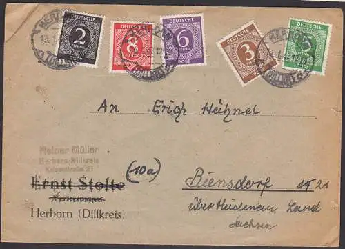 Herborn (Dillkreis) 14.1.47 portogenaue Verwendung von 5 niedrigen Werten der EA I - Ausgabe nach Biensdorf