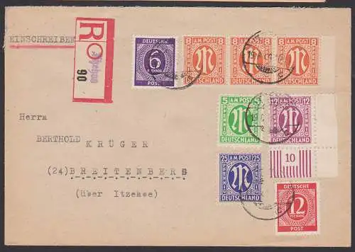 Itzehoe 19.6.45, AMP und Ziffern-MiF, Aushilfs-R-Zettel, nach Breitenberg