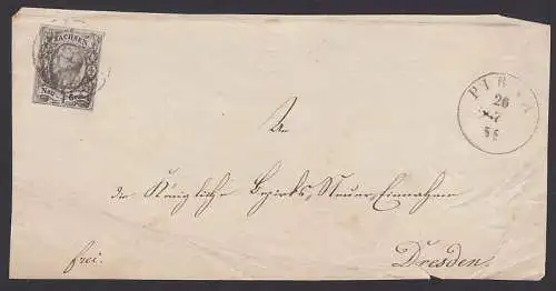 Pirna 26. 7. 1856,  Bf-Vorderseite mit 1/2 Neu-Goschen König Johann I., (8I) rechts knittrig