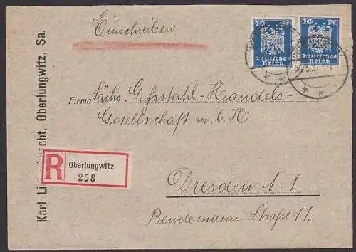 Perfin -RLO- für: Karl Lieberknecht Oberlungwitz, R-Bf 16.5.27 nach Dresden