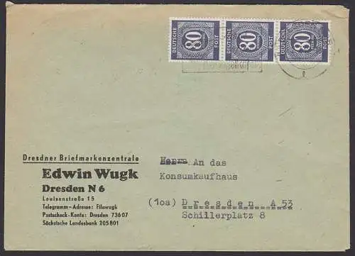 Ddn Briefmarkenzentrale E. Wugk 80 Pfg. Ziffer (3) als Zehnfach-Frankatur, 935 ZF, MWSt. Kartoffelkäfer 2.7.48