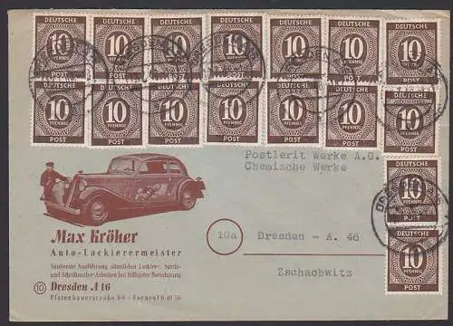 10-fach Dresden Ortsbrief 12.7.48 10 Pfg. (16), 918 ZF, illustrierter Umschlag mit PKW