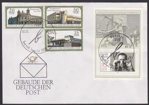 Bertolt Brecht Block und Gebäude der Dt. Post je vom Ersttag SSt Berlin 2.2.88 auf einem Umschlag (3145/48)