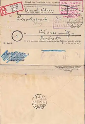 Annaberg (Erzgeb) R-Brief 20.8.45 an Girobank Chemnitz mit R2 Gebühr bezahlt, Zweitnutzung per Adress-Aufkleber