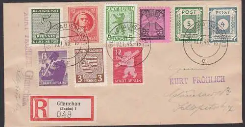 Glauchau R-Brief 10.1.46 mit Marken aller OPD in der SBZ, Mecklenburg-Vorpommern, Berliner Bär