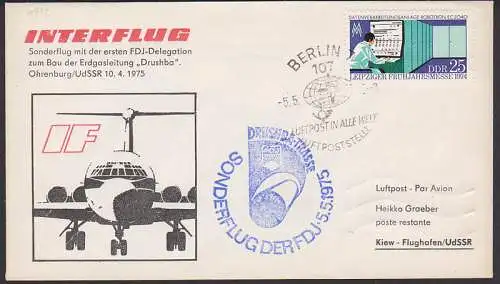 Sonderflug der FDJ 5.5.1975 zum Bau der Erdgasleitung DRUSHBA - Freundschaft, 25 Pf. Robotron ES 2040 (1932)